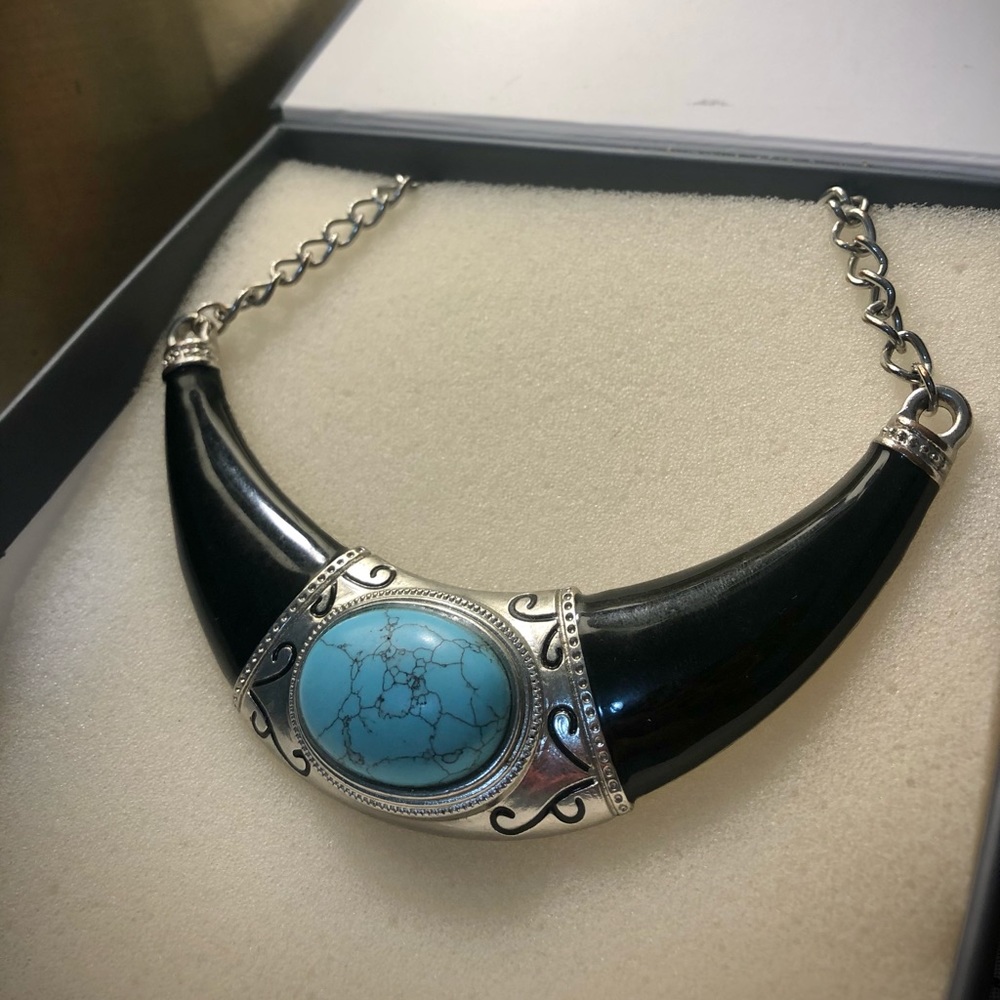 Black Enamel Bib Necklace with Turquoise
